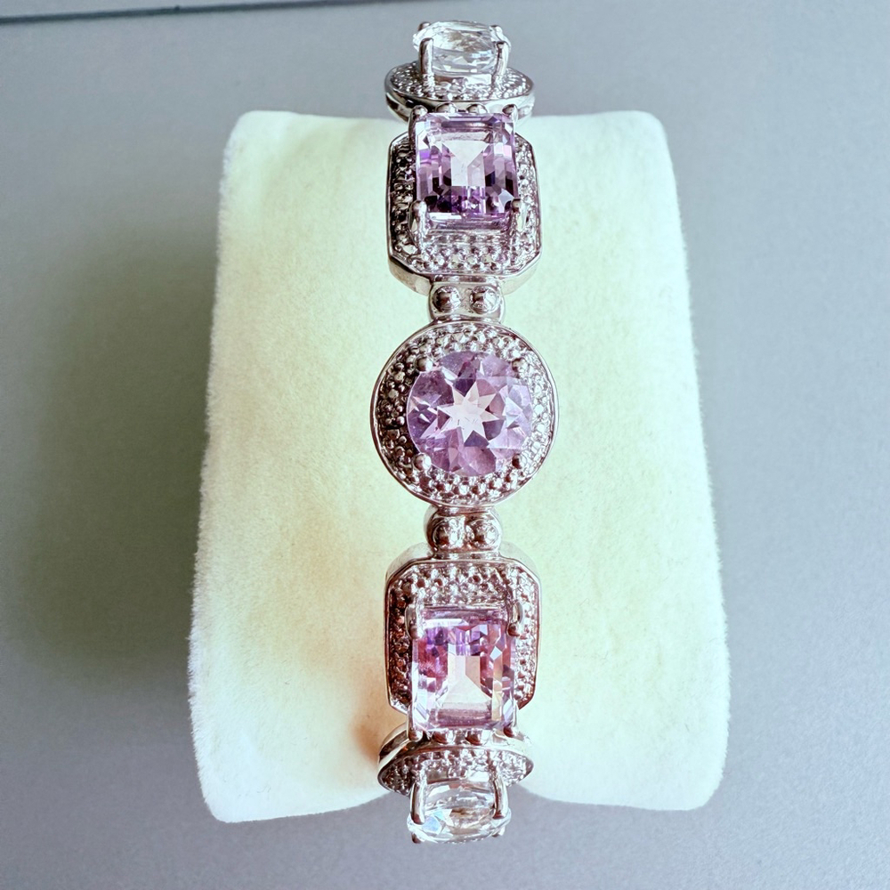 Amethyst And Clear Quartz Rock Crystal Sterling Silver Bangle Bracelet